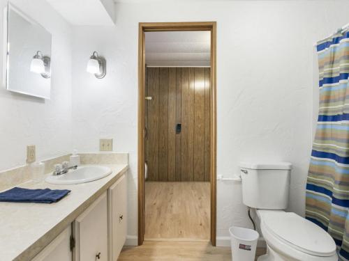 A bathroom with a wooden door.